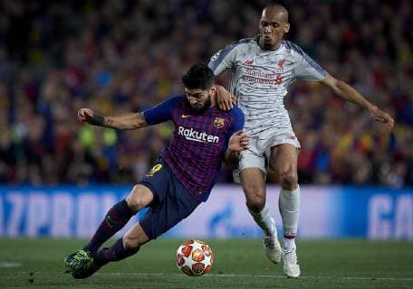 Soccer: UEFA Champions League 2018 19 : Luis Suarez (L) of Barcelona competes for the ball with Fabinho of Liverpool during the UEFA Champions League Match between FC Barcelona Barca vs Liverpool FC at Camp Nou Stadium in Barcelona, Spain, May 1, 2019. Noxthirdxpartyxsales  (102332773)
