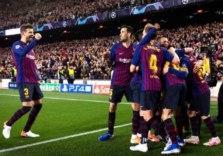 (190502) -- BARCELONA, May 2, 2019 -- FC Barcelona Barca s players celebrate during the UEFA Champions League semifinal first leg soccer match between FC Barcelona and Liverpool in Barcelona, Spain, on May 1, 2019. Barcelona won 3-0. ) (SP)SPAIN-BARCELONA-SOCCER-UEFA CHAMPIONS LEAGUE-BARCELONA VS LIVERPOOL JoanxGosa 