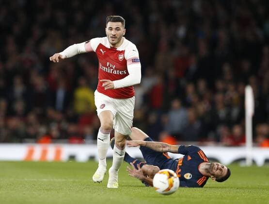 (190503) -- LONDON, May 3, 2019 -- Arsenal s Sead Kolasinac (L) vies with Valencia s Cristiano Piccini during the UEFA Europa League semifinal first leg soccer match between Arsenal and Valencia at The Emirates Stadium in London, Britain on May 2, 2019. Arsenal won 3-1. ) FOR EDITORIAL USE ONLY. NOT FOR SALE FOR MARKETING OR ADVERTISING CAMPAIGNS. NO USE WITH UNAUTHORIZED AUDIO, VIDEO, DATA, FIXTURE LISTS, CLUB LEAGUE LOGOS OR LIVE SERVICES. ONLINE IN-MATCH USE LIMITED TO 45 IMAGES, NO VIDEO EMULATION. NO USE IN BETTING, GAMES OR SINGLE CLUB LEAGUE PLAYER PUBLICATIONS. (SP)BRITAIN-LONDON-FOOTBALL-UEFA EUROPA LEAGUE-ARSENAL VS VALENCIA MatthewxImpey 