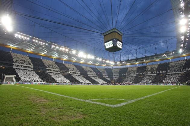 Choreography Home match Semifinals Eintracht Frankfurt Fanblock Stadium overview Choreo Fanchoreo Fan Choreography Corner flag Eintracht Frankfurt FC Chelsea Football UEFA Euro League Season 2018 2019 Home match Semifinals 02 05 2019