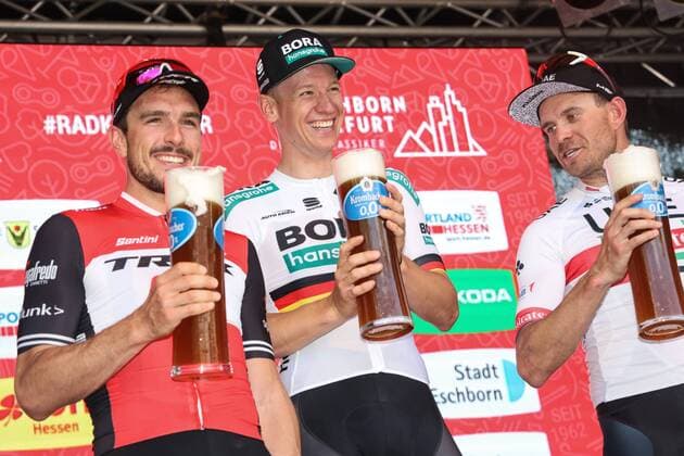Podium v l n r 2 John Degenkolb GER Trek Segafredo 1 Pascal Ackermann GER BORA hansgrohe 3 Alexander Kristoff NOR UAE Team Emirates Award Ceremony Celebration Jubilee Joy Luck Emotion Emotions Mimic Mimic Gestic Gestictics Landscape landscape horizontal Event Event 58 Eschborn Frankfurt Eschborn to Frankfurt am Main 187 5 km Location Frankfurt am Main Region Hessen Land Country Germany Date Date 01 05 2019 Cycling 58 Eschborn Frankfurt 01 05 2019