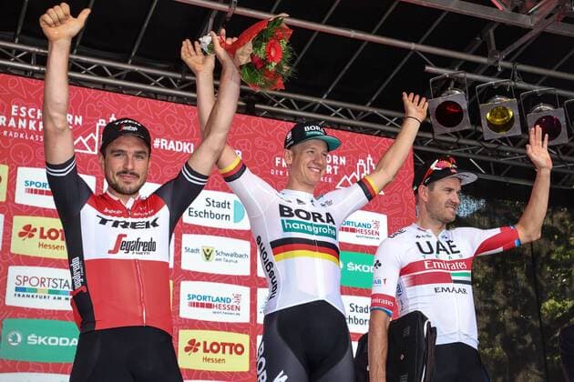 Podium v l n r 2 John Degenkolb GER Trek Segafredo 1 Pascal Ackermann GER BORA hansgrohe 3 Alexander Kristoff NOR UAE Team Emirates Award Ceremony Celebration Jubilee Joy Luck Emotion Emotions Mimic Mimic Gestic Gestictics Landscape landscape horizontal Event Event 58 Eschborn Frankfurt Eschborn to Frankfurt am Main 187 5 km Location Frankfurt am Main Region Hessen Land Country Germany Date Date 01 05 2019 Cycling 58 Eschborn Frankfurt 01 05 2019
