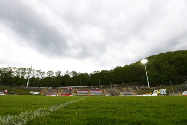 Wednesday 24 04 2019 Season 2018 19 25 Matchday of the Regionalliga West at the stadium Am Zoo Wuppertal Wuppertaler SV BVB 09 Borussia Dortmund II View of the opposing tribune with floodlight on