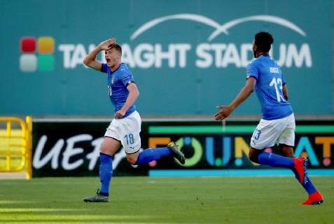 UEFA European Under-17 Championship Group D, Tallaght Stadium, Dublin 4 5 2019 Germany U17 U 17 vs Italy U17 Italy s Nicholas Bonfanti celebrates scoring a goal Nicholas Bonfanti celebrates scoring a goal 4 5 2019  Copyright: x©INPHO OisinxKeniryx inpho_01544902