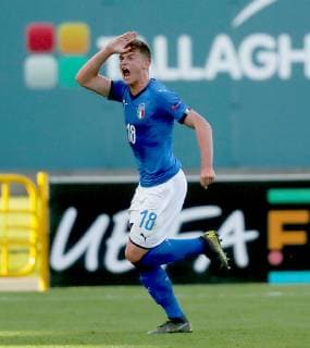 UEFA European Under-17 Championship Group D, Tallaght Stadium, Dublin 4 5 2019 Germany U17 U 17 vs Italy U17 Italy s Nicholas Bonfanti celebrates scoring a goal Nicholas Bonfanti celebrates scoring a goal 4 5 2019  Copyright: x©INPHO OisinxKeniryx inpho_01544908