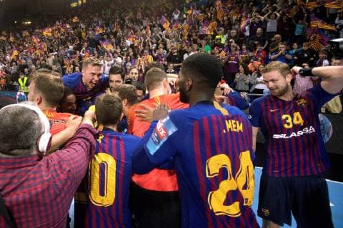 Barça Lassa s players celebrate after defeating HBC Nantes during a quarter finals second leg match of the Champions League at the Palau Blaugrana of Barcelona, Spain, 4 May 2019. Barça Lassa - HBC Nantes !ACHTUNG: NUR REDAKTIONELLE NUTZUNG!  Copyright: xMartaxPérezx GRAF3430 20190504-636926035706546448