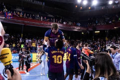 May 4, 2019 - Barcelona, Barcelona, Spain - FC Barcelona Barca Lassa players celebrates at the end of the VELUX EHF Champions League, quarter final, 2nd leg match between FC Barcelona Lassa and HBC Nantes on May 04, 2019 at Palau Blaugrana, in Barcelona, Spain. Handball: VELUX EHF Champions League - FC Barcelona Lassa v HBC Nantes - ZUMAa181 20190504_zaa_a181_543 Copyright: xAFP7x