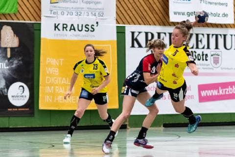 Katrin Friedrich SG H2Ku Herrenberg Kuties 09 h Lara Tauchmann HC Roedertal 16 SG H2Ku Herrenberg Kuties vs HC Roedertal Handball 2 Bundesliga Women HBF Season 18 19 04 05 2019 SG H2Ku Herrenberg Kuties vs HC Roedertal Handball 2 Bundesliga Women HBF Season 18 19 04 05 2019 Herrenberg Copyright: xEIBNER WolfgangxFrankx EP_WFK
