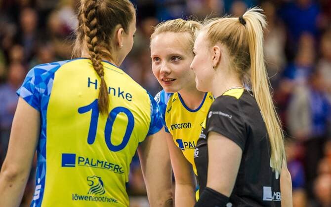 Allianz MTV Stuttgart SSC Palmberg Schwerin Jennifer Geerties SSC Palmberg Schwerin 6 Denise Hanke SSC Palmberg Schwerin 10 Anna Pogany SSC Palmberg Schwerin 4 at the game Allianz MTV Stuttgart SSC Palmberg Schwerin Stuttgart 05 05 19 Volleyball Stuttgart Baden Wuerttemberg Germany