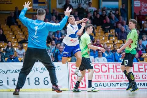 Mark Ferjan 1 TV Emsdetten Jan Zahradnicek 33 Dessau Rosslauer HV 06 Paul Kalk 14 TV Emsdetten Sven Wesseling 24 TV Emsdetten during the match in Handball 2 Bundesliga Men Season 2018 2019 between Dessau Rosslauer HV 06 and TV Emsdetten in the Anhalt Arena on 5 May 2019 in Dessau Rosslau Sachsen Anhalt Germany