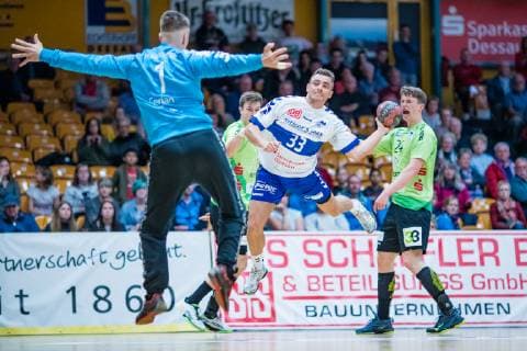 Mark Ferjan 1 TV Emsdetten Jan Zahradnicek 33 Dessau Rosslauer HV 06 Paul Kalk 14 TV Emsdetten Sven Wesseling 24 TV Emsdetten during the match in Handball 2 Bundesliga Men Season 2018 2019 between Dessau Rosslauer HV 06 and TV Emsdetten in the Anhalt Arena on 5 May 2019 in Dessau Rosslau Sachsen Anhalt Germany