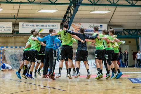 TV Emsdetten cheers during the match in the Handball 2 Bundesliga Mens Season 2018 2019 between Dessau Rosslauer HV 06 and TV Emsdetten in the Anhalt Arena on 5 May 2019 in Dessau Rosslau Sachsen Anhalt Germany