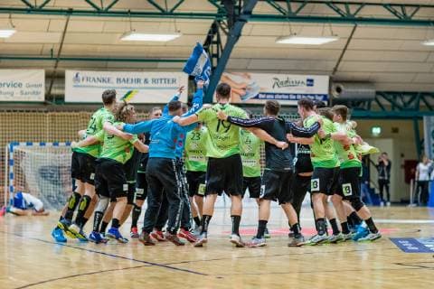 TV Emsdetten cheers during the match in the Handball 2 Bundesliga Mens Season 2018 2019 between Dessau Rosslauer HV 06 and TV Emsdetten in the Anhalt Arena on 5 May 2019 in Dessau Rosslau Sachsen Anhalt Germany