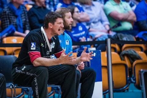 Coach Daniel Kubes TV Emsdetten during the match in the Handball 2 Bundesliga Men Season 2018 2019 between Dessau Rosslauer HV 06 and TV Emsdetten in the Anhalt Arena on 5 May 2019 in Dessau Rosslau Sachsen Anhalt Germany