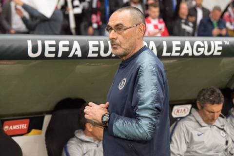 Coach Maurizio SARRI Chelsea stands in front of the coach bench bust football Europa League semi-final Eintracht Frankfurt F FC Chelsea Chelsea 1 1 on 02 05 2019 in Frankfurt Germany Â