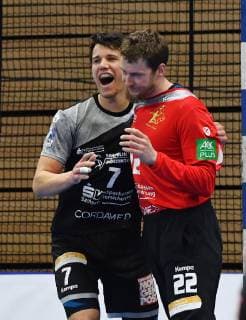 Final cheers Jubel v l Oskar Emanuel with goalkeeper Mario Huhnstock both Dresden HC Elbflorenz Dresden against TV Hüttenberg Handball 2 League of the Men 2 Bundesliga Season 2018 2019 Dresden BallsportARENA Dresden 05 05 2019