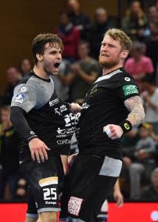Goal celebration Jubel v l Sebastian Greß and Henning Quade both Dresden HC Elbflorenz Dresden v TV Hüttenberg Handball 2 League of the Men 2 Bundesliga Season 2018 2019 Dresden BallsportARENA Dresden 05 05 2019
