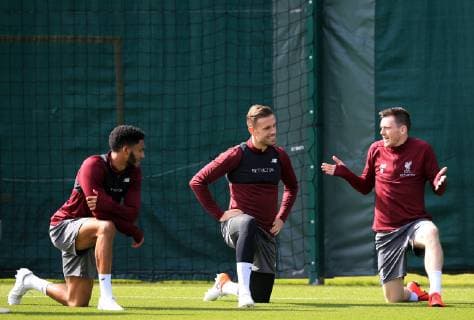 6th May 2019, Anfield, Liverpool, England; UEFA Champions League football, Liverpool versus Barcelona pre match training ahead of the second leg at Melwood; Joe Gomez, Jordan Henderson and Andrew Robertson of Liverpool at the start of the training session  ActionPlus12131932 DavidxBlunsden