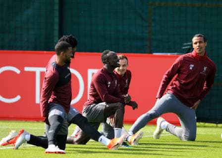 6th May 2019, Anfield, Liverpool, England; UEFA Champions League football, Liverpool versus Barcelona pre match training ahead of the second leg at Melwood; Sadio Mane of Liverpool smiles as the players begin their warm up  ActionPlus12131933 DavidxBlunsden
