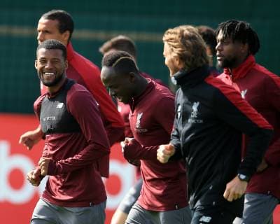 6th May 2019, Anfield, Liverpool, England; UEFA Champions League football, Liverpool versus Barcelona pre match training ahead of the second leg at Melwood; Georginio Wijnaldum of Liverpool warms up with his team mates at the start of the session  ActionPlus12131936 DavidxBlunsden