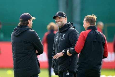 6th May 2019, Anfield, Liverpool, England; UEFA Champions League football, Liverpool versus Barcelona pre match training ahead of the second leg at Melwood; Liverpool manager Jurgen Klopp chats with his assistants Peter Krawietz and Pep Lijnders  ActionPlus12131945 DavidxBlunsden