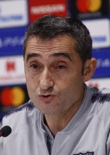 6th May 2019, Liverpool, England; UEFA Champions League football, FC Barcelona Barca press conference PK Pressekonferenz and training session ahead of their semi final 2nd leg fixture against Liverpool; Barcelona coach Ernesto Valverde speaking to the media during today s press conference at Anfield ahead of tomorrow s Champions League semi-final second leg match against Liverpool  ActionPlus12131974 AlanxMartin