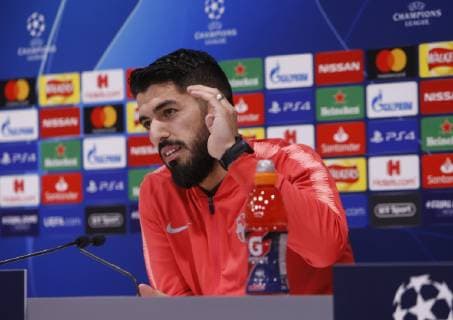 6th May 2019, Liverpool, England; UEFA Champions League football, FC Barcelona Barca press conference PK Pressekonferenz and training session ahead of their semi final 2nd leg fixture against Liverpool; Luis Suarez of Barcelona speaking to the media during today s press conference at Anfield ahead of tomorrow s Champions League semi-final second leg match against Liverpool  ActionPlus12131975 AlanxMartin