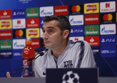 6th May 2019, Liverpool, England; UEFA Champions League football, FC Barcelona Barca press conference PK Pressekonferenz and training session ahead of their semi final 2nd leg fixture against Liverpool; Barcelona coach Ernesto Valverde speaking to the media during today s press conference at Anfield ahead of tomorrow s Champions League semi-final second leg match against Liverpool  ActionPlus12131977 AlanxMartin