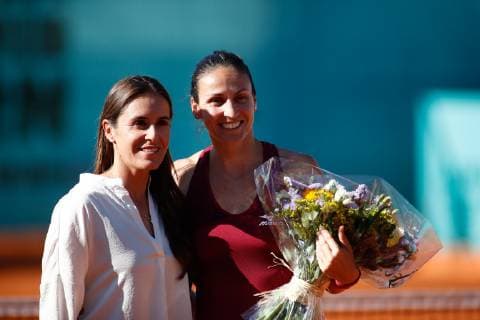 May 6, 2019 - Madrid, MADRID, SPAIN - Arantxa Parra Santonja (ESP) receives honors for retiring from professional tennis, with Anabel Medina, during the Mutua Madrid Open 2019 ATP Tennis Herren Masters 1000 and WTA Tennis Damen Premier) tenis tournament at Caja Magica in Madrid, Spain, on May 06, 2019. Tennis: Mutua Madrid Open 2019, Day 4 - ZUMAa181 20190506_zaa_a181_244 Copyright: xAFP7x