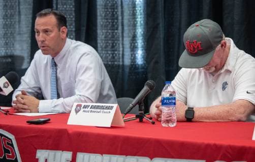 May 6, 2019 - Albuquerque, New Mexico, U.S. - .UNM Athletic Directo Eddy Nu ez(Cq),left, and UNM Baseball coach Ray Birmingham(Cq) addressed the media regarding the death of UNM Baseball player Jackson Weller(cq) Monday afternoon during a press conference PK Pressekonferenz .Albuquerque, New Mexico Journal News - May 6, 2019 - ZUMAab1_ 91132155st Copyright: xRobertoxE.xRosalesx