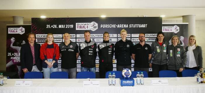 Stuttgart Handball OLYMP Final4 Press conference from left Christoph Wendt HBF Meike Schmelzer Herbert Müller Thüringer HC Andre Fuhr Julia Behnke Metzingen Kim Naidzinavicius Martin Albertsen Bietigheim Tanja Logvin Nadine Smit Union Halle Nadine Schulte HBF
