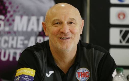 Stuttgart Handball OLYMP Final4 Press Conference Herbert Müller Trainer Thuringia HC