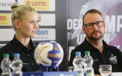 Stuttgart Handball OLYMP Final4 Press conference from left Kim Naidzinavicius Martin Albertsen Bietigheim