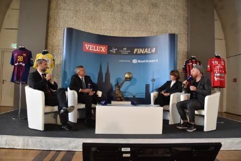 Discussion round with David Szlezak l r Michael Wiederer Henriette Reker and Markus Floth l r on 07 05 2019 in Cologne at the drawing of the semi-final opponents of the VELUX EHF Champions League FINAL4 2019 the season highlight of the European top handball that takes place on 01 and 02 June 2019 in Kökn