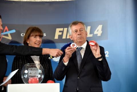 Mayor of the City of Cologne Henriette Reker and EHF President Michael Wiederer pose on 07 05 2019 in Cologne at the drawing of the semi-final opponents of the VELUX EHF Champions League FINAL4 2019 the season highlight of European top handball which takes place on 01 and 02 June 2019 in Kökn