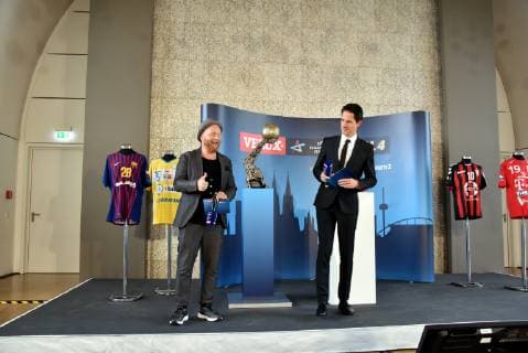 The presenters Markus Floth and Thomas Schöneich l r on 07 05 2019 in Cologne at the drawing of the semi-final opponents of the VELUX EHF Champions League FINAL4 2019 the season highlight of the European top handball which takes place on 01 and 02 June 2019 in Kökn