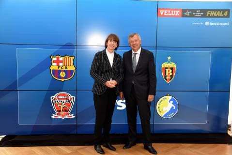 Mayor of the City of Cologne Henriette Reker and EHF President Michael Wiederer pose on 07 05 2019 in Cologne at the drawing of the semi-final opponents of the VELUX EHF Champions League FINAL4 2019 the season highlight of European top handball which takes place on 01 and 02 June 2019 in Kökn