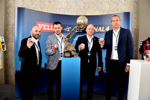 Representatives of the participating teams HC Vardar l r PGE Vive Kielce Telekom Veszprem HC and Barca Lassa on 07 05 2019 in Cologne at the drawing of the semi-final opponents of the VELUX EHF Champions League FINAL4 2019 the season highlight of the European top handball which takes place on 01 and 02 June 2019 in Kökn