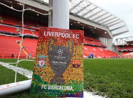 7th May 2019, Anfield, Liverpool, England; UEFA Champions League football, semi final second leg, Liverpool versus FC Barcelona Barca the match programme on the goal line at the Kop end prior to the match  ActionPlus12132106 DavidxBlunsden
