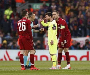 Liverpool s Andy Robertson argues with Barcelona s Lionel Messi during the UEFA Champions League match at Anfield, Liverpool. Picture date: 7th May 2019. Picture credit should read: Darren Staples Sportimage EDITORIAL USE ONLY. No use with unauthorised audio, video, data, fixture lists, club league logos or live services. Online in-match use limited to 120 images, no video emulation. No use in betting, games or single club league player publications. SPI-0072-0024