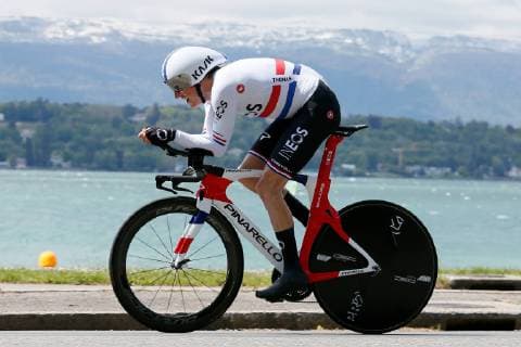 Geraint Thomas GBR Team INEOS in the jersey of the reigning British Time Trial Champion from 2018 Action Race scene Landscape horizontal Event Event 73 Tour de Romandie 5 Stage Stage 5 Geneva to to Geneva 16 85 km I T T Individual Time Trial Contre la Montre Individual Time Trial Location Torgon Region Canton Valais Country Switzerland Switzerland Date 05 05 2019 Cycling Cycling 73 Tour de Romandie 5 Stage 04 05 2019