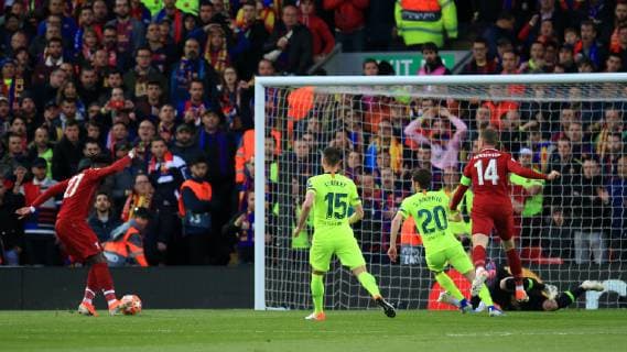 7th May 2019, Anfield, Liverpool, England; UEFA Champions League football, semi final second leg, Liverpool versus FC Barcelona Barca Divock Origi of Liverpool gives his team a 1-0 lead in the 7th minute  ActionPlus12132152 DavidxBlunsden