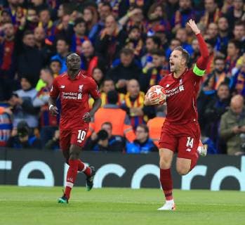 7th May 2019, Anfield, Liverpool, England; UEFA Champions League football, semi final second leg, Liverpool versus FC Barcelona Barca Jordan Henderson of Liverpool celebrates after the opening goal scored by Divock Origi of Liverpool in the 7th minute  ActionPlus12132154 DavidxBlunsden
