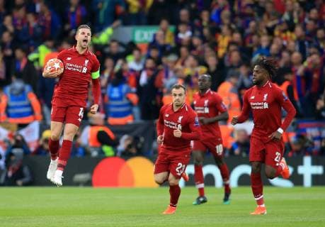 7th May 2019, Anfield, Liverpool, England; UEFA Champions League football, semi final second leg, Liverpool versus FC Barcelona Barca Jordan Henderson of Liverpool celebrates after the opening goal scored by Divock Origi of Liverpool in the 7th minute  ActionPlus12132155 DavidxBlunsden