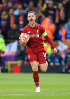 7th May 2019, Anfield, Liverpool, England; UEFA Champions League football, semi final second leg, Liverpool versus FC Barcelona Barca Jordan Henderson of Liverpool celebrates Liverpool s opening goal in the 7th minute  ActionPlus12132156 DavidxBlunsden