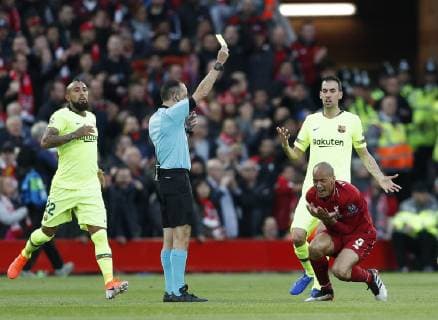 Liverpool s Fabinho gets booked during the UEFA Champions League match at Anfield, Liverpool. Picture date: 7th May 2019. Picture credit should read: Darren Staples Sportimage EDITORIAL USE ONLY. No use with unauthorised audio, video, data, fixture lists, club league logos or live services. Online in-match use limited to 120 images, no video emulation. No use in betting, games or single club league player publications. SPI-0072-0026