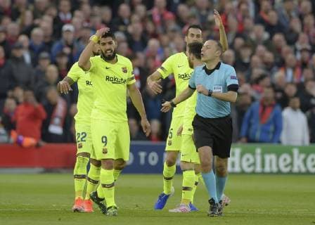 Liverpool United Kingdom 07 05 2019 UEFA Champions League 2018 19 Season Semi Final 2 Round FC Liverpool FC Barcelona Luis Suarez Barcelona gestures DeFodi056