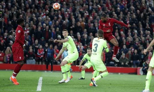 Football - 2018 2019 UEFA Champions League - Semi-Final, Second Leg: Liverpool (0) vs. Barcelona (3) Georginio Wijnaldum of Liverpool scores his second goal at Anfield. COLORSPORT LYNNE CAMERON 