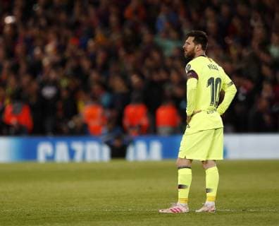 Sport Bilder des Tages Barcelona s Lionel Messi looks on dejected after Liverpool?s third goal during the UEFA Champions League match at Anfield, Liverpool. Picture date: 7th May 2019. Picture credit should read: Darren Staples Sportimage EDITORIAL USE ONLY. No use with unauthorised audio, video, data, fixture lists, club league logos or live services. Online in-match use limited to 120 images, no video emulation. No use in betting, games or single club league player publications. SPI-0072-0054