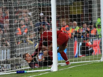 7th May 2019, Anfield, Liverpool, England; UEFA Champions League football, semi final second leg, Liverpool versus FC Barcelona Barca Georginio Wijnaldum of Liverpool struggles with Barcelona goalkeeper Marc-Andre ter Stegen for the ball after scoring Liverpool s second goal in the 54th minute  ActionPlus12132168 DavidxBlunsden
